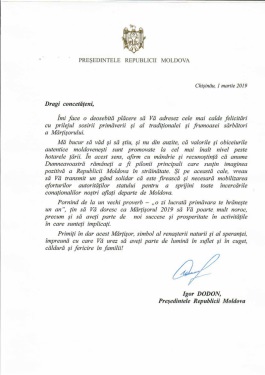 Președintele Republicii Moldova a felicitat moldovenii aflați peste hotarele țării