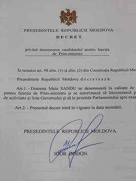 Igor Dodon a desemnat-o pe Maia Sandu la funcția de Prim-ministru al Republicii Moldova