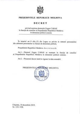 Igor Dodon a semnat decretul de numire a domnului Eugen Caras în funcția de consilier prezidențial