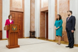 Mesajul Președintei Maia Sandu la ceremonia de învestire a ministrului Economiei, Dumitru Alaiba, și ministrei Mediului, Rodica Iordanov