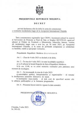 Președinta Maia Sandu a decretat ziua de 4 iulie zi de doliu național, în semn de comemorare a victimelor de la Aeroport