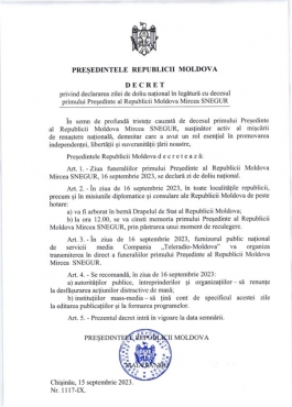 Ziua de 16 septembrie - declarată zi de doliu național, în legătură cu funeraliile primului Președinte al Republicii Moldova, Mircea Snegur
