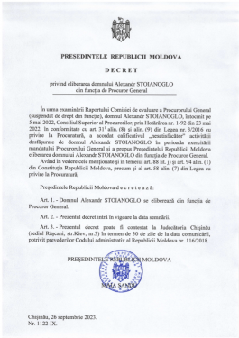 Azi, 26 septembrie, a fost semnat decretul prezidențial privind eliberarea din funcția de procuror general a lui Alexandr Stoianoglo