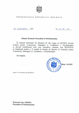 Глава государства выдвинула кандидатуру Аны Ревенко на должность директора Центра стратегических коммуникаций и борьбы с дезинформацией