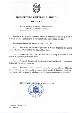 Șefa statului a semnat Decretele de numire în funcție a trei noi judecători la Curtea Supremă de Justiție